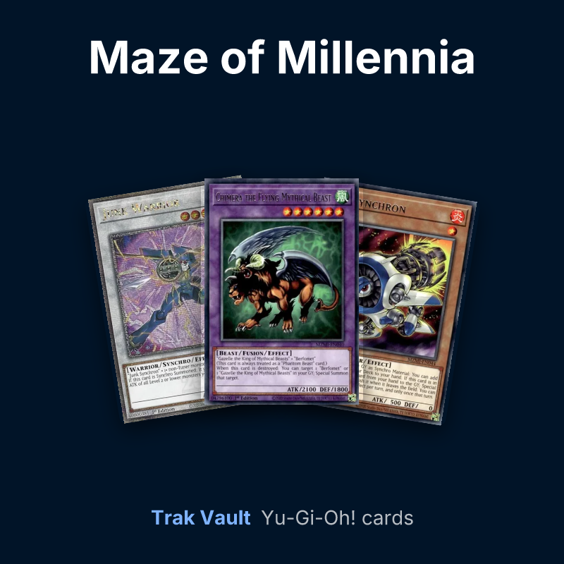 Maze of Millennia Yu-Gi-Oh! cards: Junk Warrior, Chimera the Flying Mythical Beast and Jet Synchron