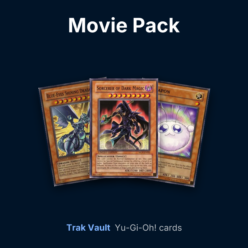 Movie Pack Yu-Gi-Oh! cards: Blue-Eyes Shining Dragon, Sorcerer of Dark Magic and Watapon
