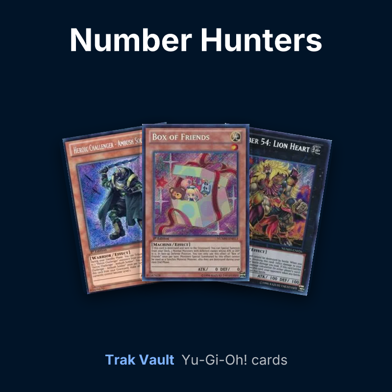 Number Hunters Yu-Gi-Oh! cards: Heroic Challenger - Ambush Soldier, Box of Friends and Number 54: Lion Heart