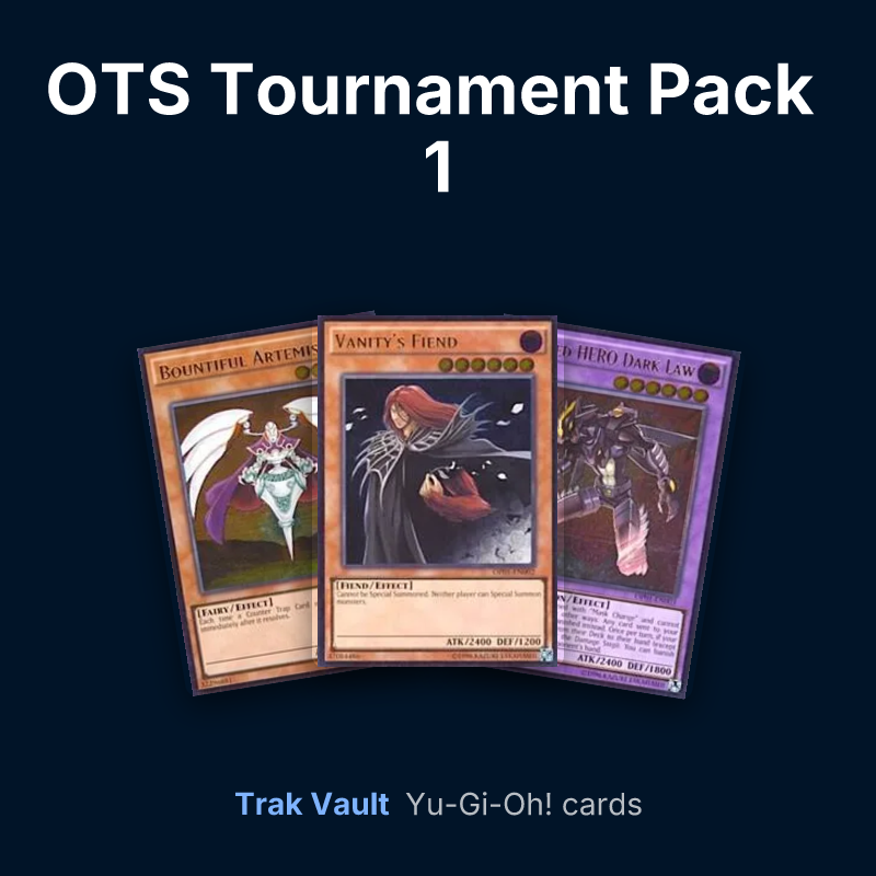 OTS Tournament Pack 1 Yu-Gi-Oh! cards: Bountiful Artemis, Vanity's Fiend and Masked HERO Dark Law
