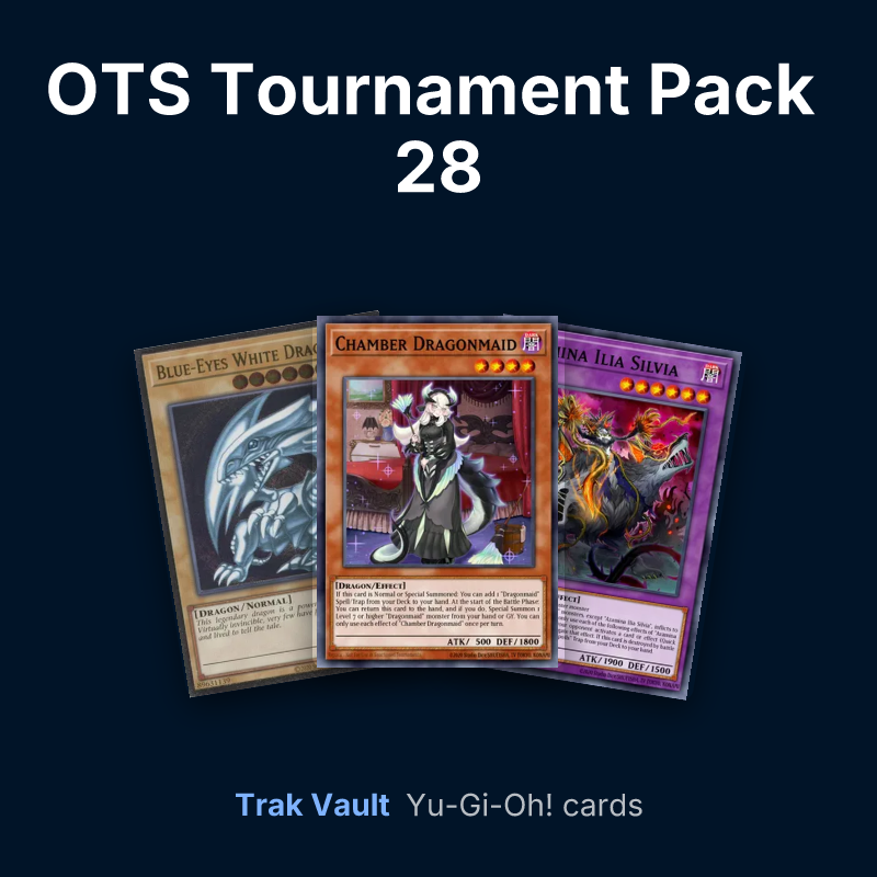 OTS Tournament Pack 28 Yu-Gi-Oh! cards: Blue-Eyes White Dragon, Chamber Dragonmaid and Azamina Ilia Silvia