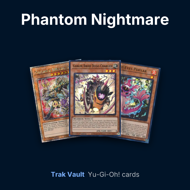 Phantom Nightmare Yu-Gi-Oh! cards: Magicians of Bonds and Unity, Goblin Biker Dugg Charger and Snake-Eyes Poplar