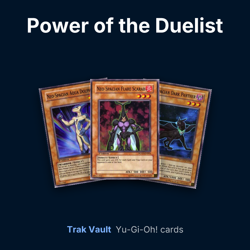 Power of the Duelist Yu-Gi-Oh! cards: Neo-Spacian Aqua Dolphin, Neo-Spacian Flare Scarab and Neo-Spacian Dark Panther