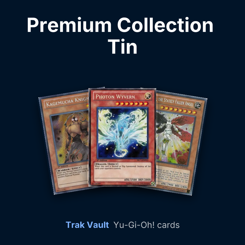 Premium Collection Tin Yu-Gi-Oh! cards: Kagemucha Knight, Photon Wyvern and Rosaria, the Stately Fallen Angel