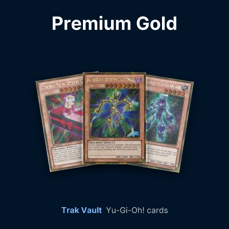 Premium Gold Yu-Gi-Oh! cards: Gimmick Puppet Dreary Doll, Gimmick Puppet Magnet Doll and Chronomaly Tula Guardian