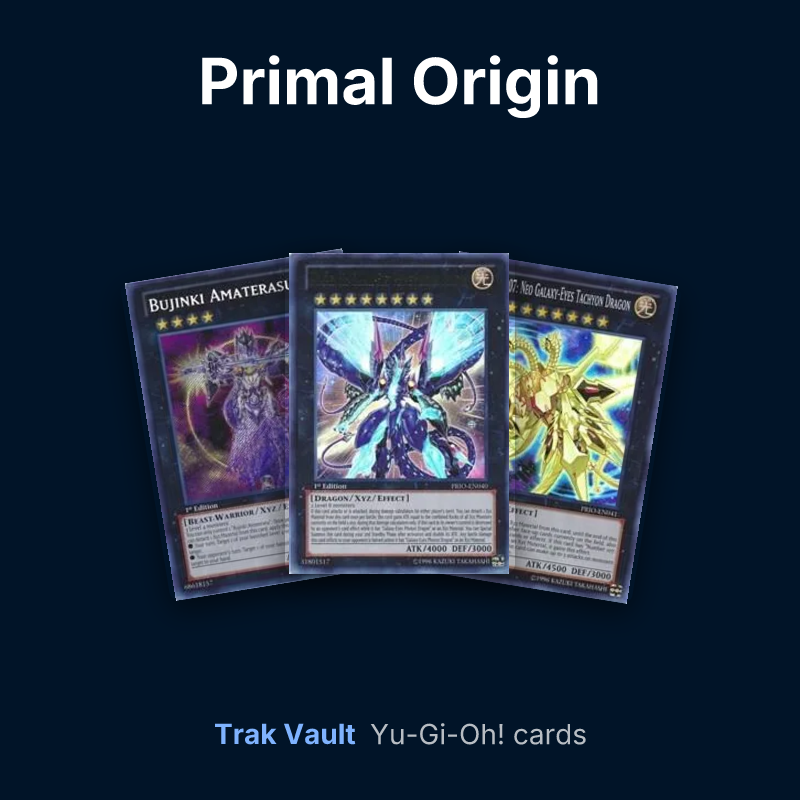 Primal Origin Yu-Gi-Oh! cards: Bujinki Amaterasu, Number 62: Galaxy-Eyes Prime Photon Dragon and Number C107: Neo Galaxy-Eyes Tachyon Dragon