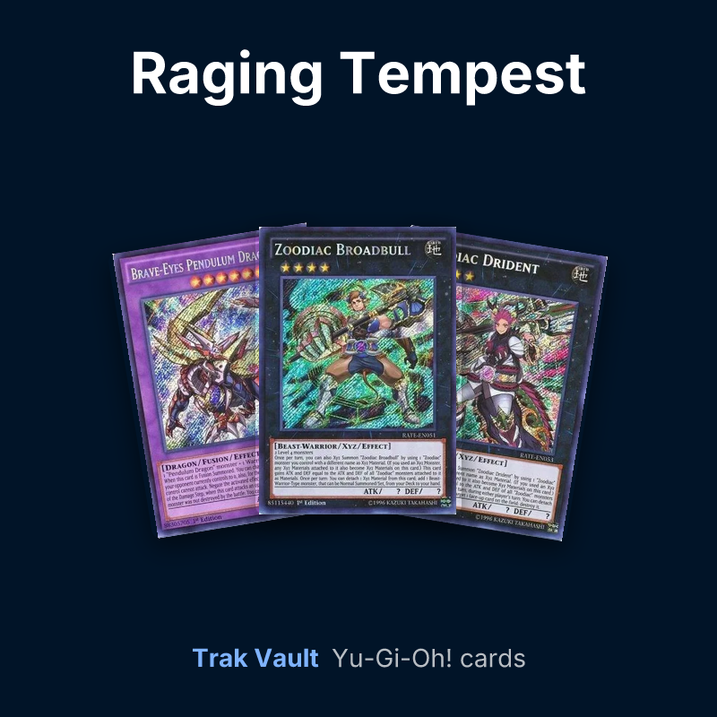 Raging Tempest Yu-Gi-Oh! cards: Brave-Eyes Pendulum Dragon, Zoodiac Broadbull and Zoodiac Drident