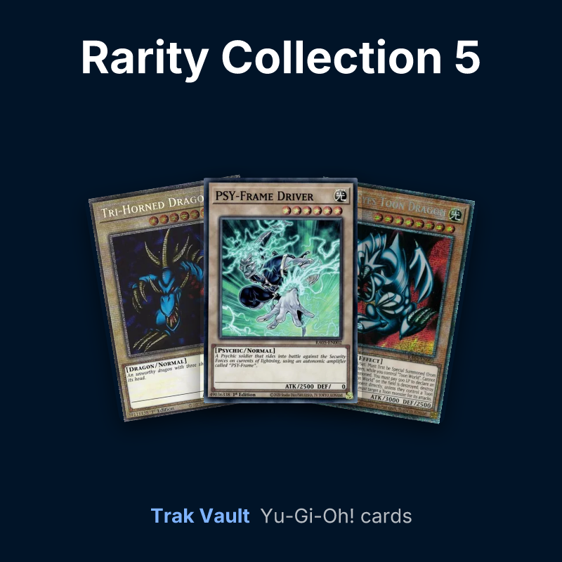 Rarity Collection 5 Yu-Gi-Oh! cards: Tri-Horned Dragon, PSY-Frame Driver and Blue-Eyes Toon Dragon