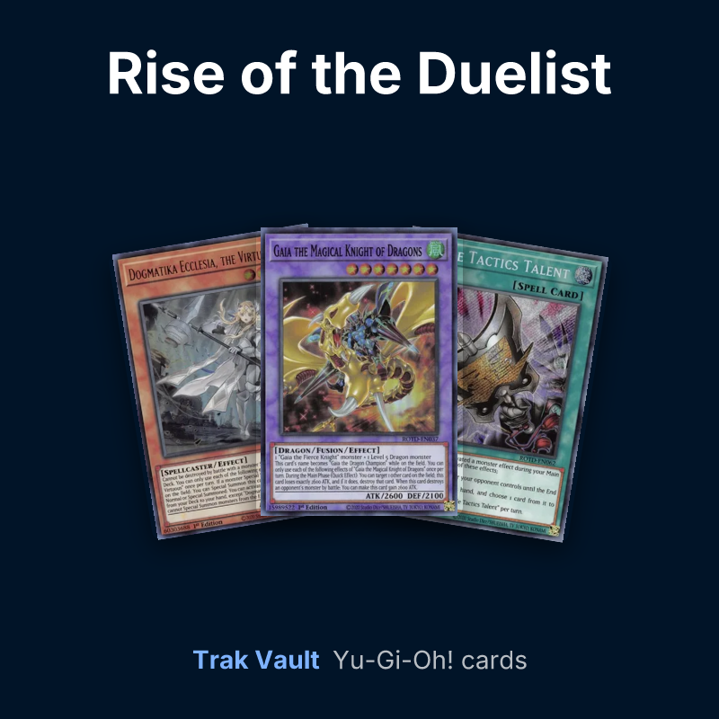 Rise of the Duelist Yu-Gi-Oh! cards: Dogmatika Ecclesia, the Virtuous, Gaia the Magical Knight of Dragons and Triple Tactics Talent