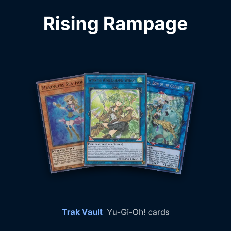 Rising Rampage Yu-Gi-Oh! cards: Marincess Sea Horse, Wynn the Wind Charmer, Verdant and Apollousa, Bow of the Goddess