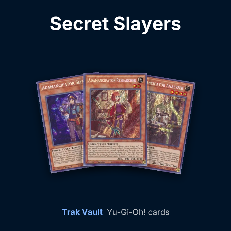 Secret Slayers Yu-Gi-Oh! cards: Adamancipator Seeker, Adamancipator Researcher and Adamancipator Analyzer