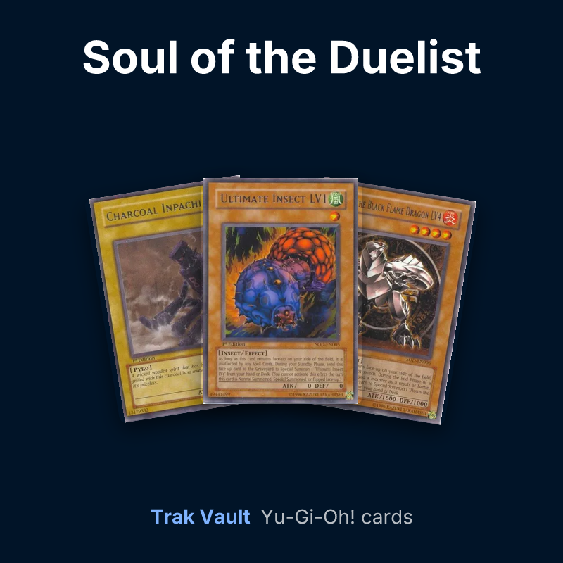 Soul of the Duelist Yu-Gi-Oh! cards: Charcoal Inpachi, Ultimate Insect LV1 and Horus the Black Flame Dragon LV4