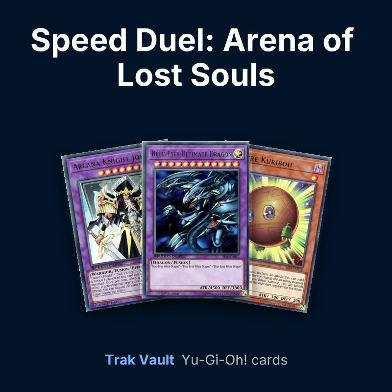 Speed Duel: Arena of Lost Souls Yu-Gi-Oh! cards: Arcana Knight Joker, Blue-Eyes Ultimate Dragon and Sphere Kuriboh
