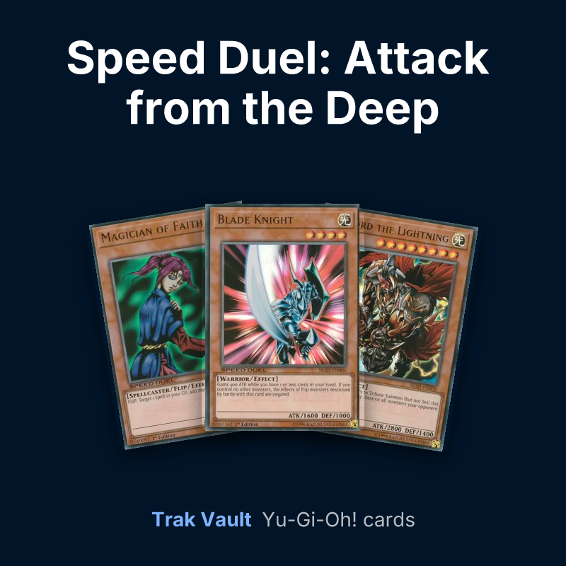 Speed Duel: Attack from the Deep Yu-Gi-Oh! cards: Magician of Faith, Blade Knight and Gilford the Lightning