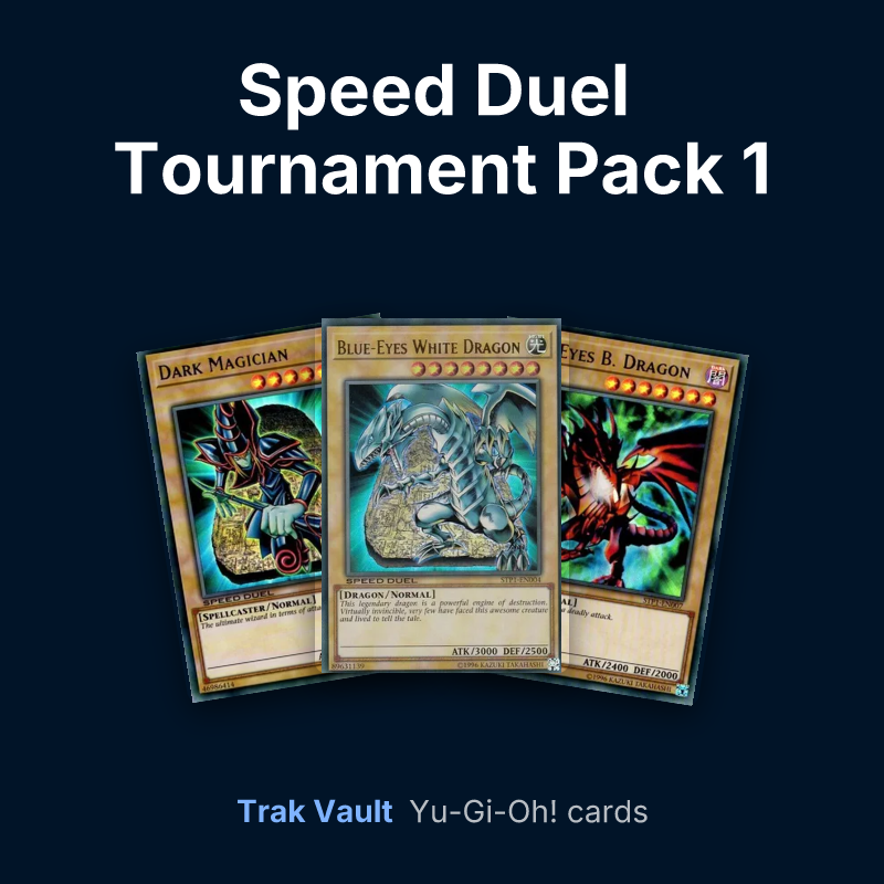 Speed Duel Tournament Pack 1 Yu-Gi-Oh! cards: Dark Magician, Blue-Eyes White Dragon and Red-Eyes Black Dragon