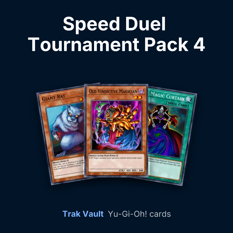 Speed Duel Tournament Pack 4 Yu-Gi-Oh! cards: Giant Rat, Old Vindictive Magician and Dark Magic Curtain