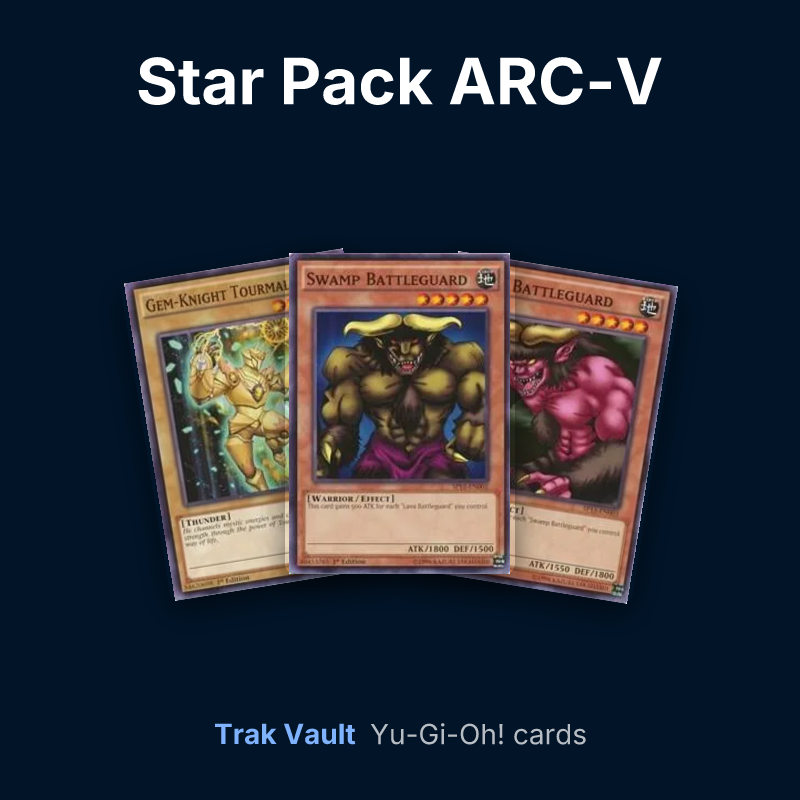 Star Pack ARC-V Yu-Gi-Oh! cards: Gem-Knight Tourmaline, Swamp Battleguard and Lava Battleguard