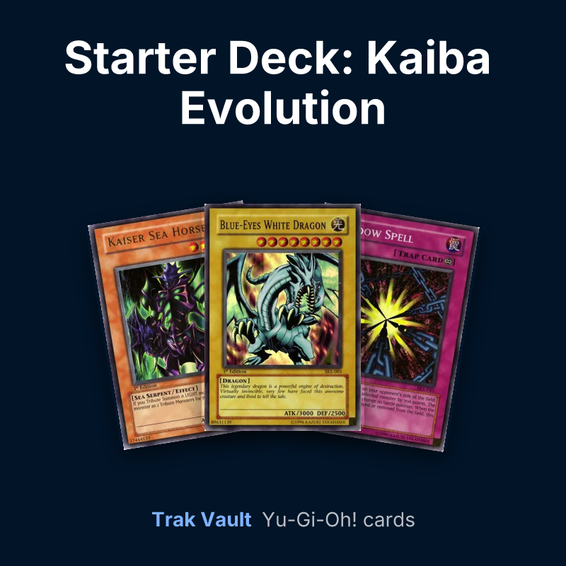 Starter Deck: Kaiba Evolution Yu-Gi-Oh! cards: Kaiser Sea Horse, Blue-Eyes White Dragon and Shadow Spell