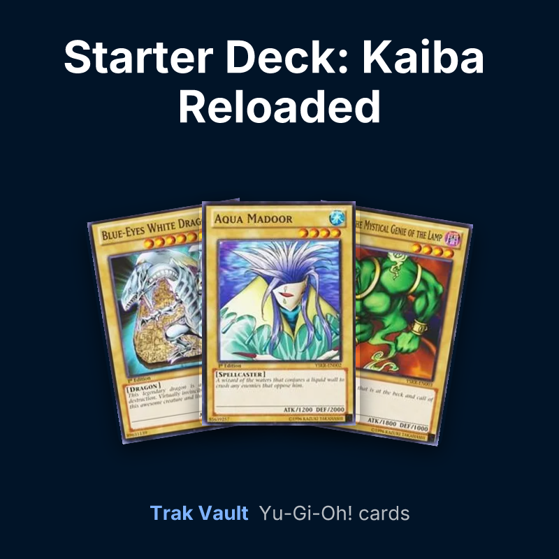 Starter Deck: Kaiba Reloaded Yu-Gi-Oh! cards: Blue-Eyes White Dragon, Aqua Madoor and La Jinn the Mystical Genie of the Lamp