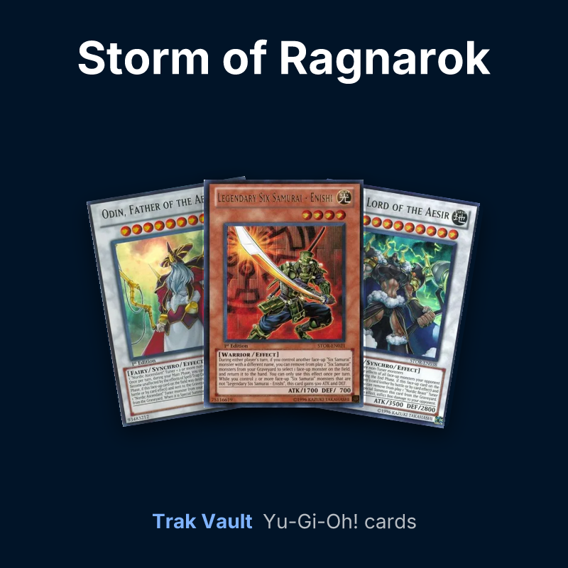 Storm of Ragnarok Yu-Gi-Oh! cards: Odin, Father of the Aesir, Legendary Six Samurai - Enishi and Thor, Lord of the Aesir
