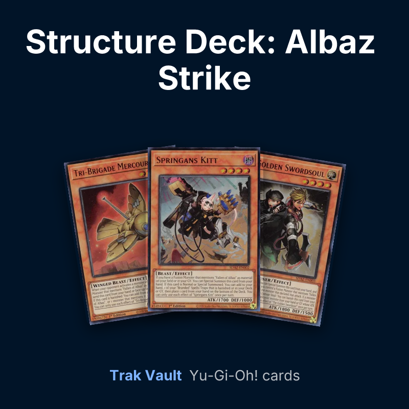 Structure Deck: Albaz Strike Yu-Gi-Oh! cards: Tri-Brigade Mercourier, Springans Kitt and The Golden Swordsoul