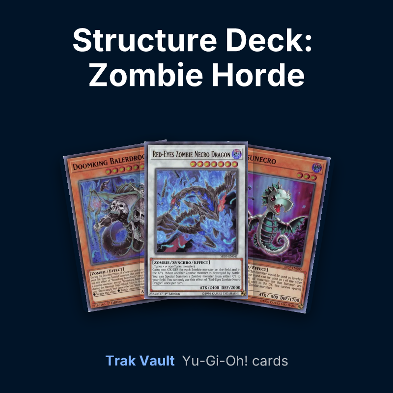 Structure Deck: Zombie Horde Yu-Gi-Oh! cards: Doomking Balerdroch, Red-Eyes Zombie Necro Dragon and Tatsunecro