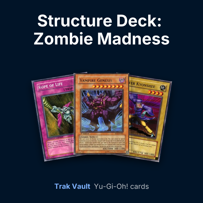 Structure Deck: Zombie Madness Yu-Gi-Oh! cards: Rope of Life, Vampire Genesis and Master Kyonshee