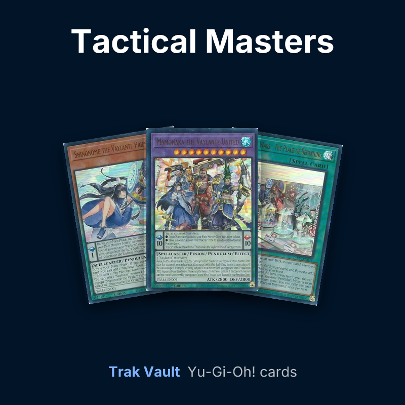 Tactical Masters Yu-Gi-Oh! cards: Shinonome the Vaylantz Priestess, Mamonaka the Vaylantz United and Vaylantz Wars - The Place of Beginning