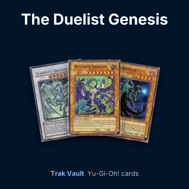 The Duelist Genesis Yu-Gi-Oh! cards: Stardust Dragon, Montage Dragon and Dark Hunter