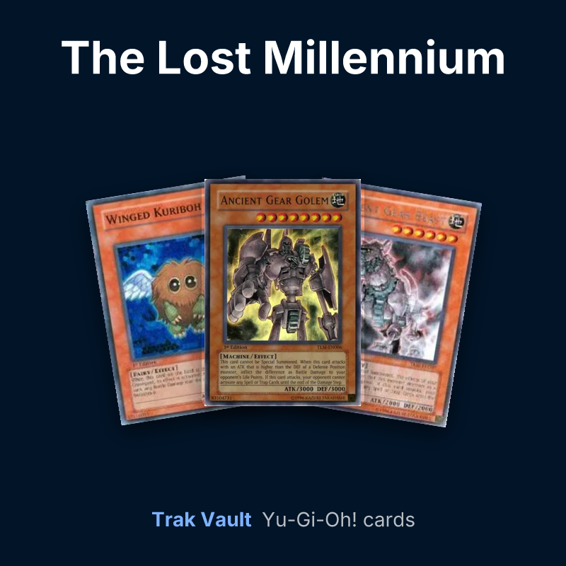 The Lost Millennium Yu-Gi-Oh! cards: Winged Kuriboh, Ancient Gear Golem and Ancient Gear Beast