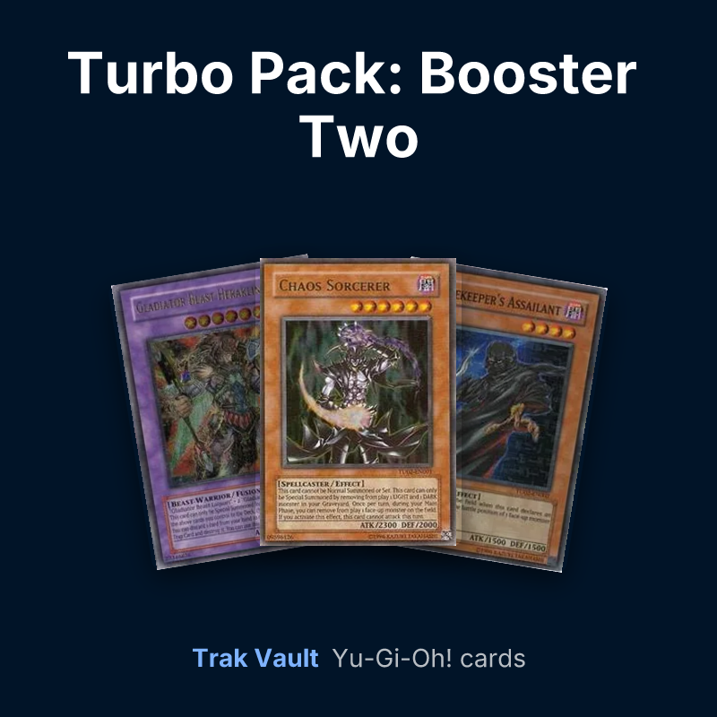 Turbo Pack: Booster Two Yu-Gi-Oh! cards: Gladiator Beast Heraklinos, Chaos Sorcerer and Gravekeeper's Assailant